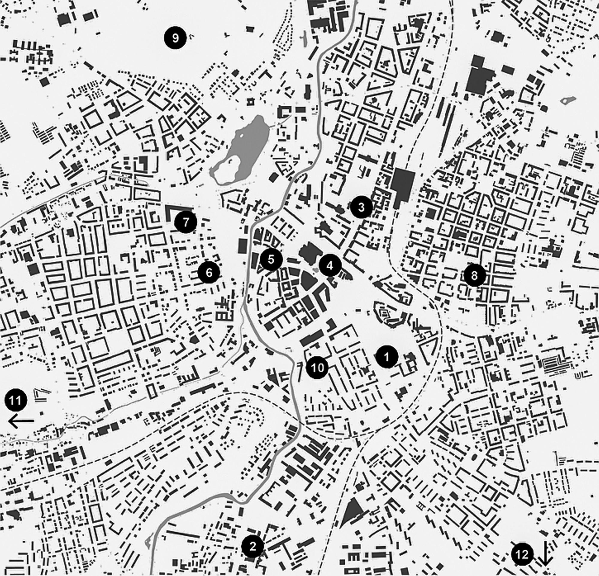 Topologie Chemnitz 2024: 1 Schauspielhaus – 2 Interimsspielstätte Spinnbau – 3 Opernhaus – 4 Stadthalle – 5 Chemnitzer Kabarett – 6 Kulturhaus Arthur – 7 Kraftwerk e.V. – 8 OFF Bühne Komplex – 9 Küchwaldbühne – 10 Weltecho – 11 Fritz Theater – 12 FRESSTheater