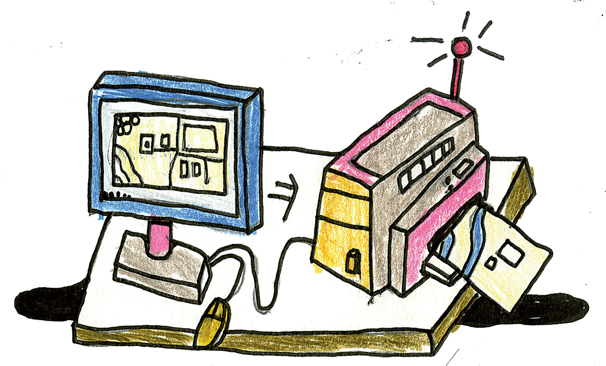 Kolorierte Handzeichnung eines Computerbildschirms, der mit einer Maus und einem Drucker verbunden ist. Aus dem Drucker ragt ein Blatt mit Linien und Quadraten.