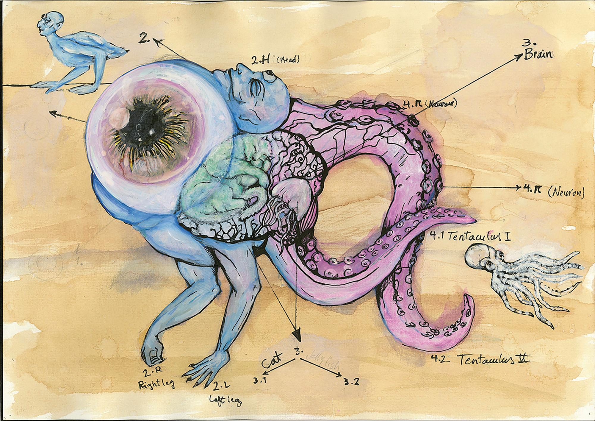 A detailed pastel blue, lavender, and pastel green drawing of Gullibilius on a beige-brown coffee-tinted background. Gullibilius is a creature Kamran Behrouz called into being by mapping their autism. On the right side of its body, Gullibilius has two lavender tentacles emerging and functioning as some sort of legs, studded with suction cups. Next to the tentacles, its two muscular blue legs that have hands instead of feet softly prop its body up. The blue hands as feet belong to a body with a blue, bald human head, eyes and mouth closed, but a third open eye on its forehead. The centre of the body consists of a large brain, in which a sleeping, mint-green cat is nestled alongside a shimmery jellyfish. Next to the brain is a large open eyeball, facing outwards, and on top of that the mentioned blue bald head. All these parts of Gullibilius, the tentacles, brain, legs, etc., are labelled like a diagram. Next to this body of Gullibilius is a small drawing of a blue-winged creature with a bald human head and the body of a bird and with two hands instead of legs, which is Gullibilius’ original form. Next to the tentacles is a small drawing of a white octopus pointing out Gullibilius’ tentacle legs to show where tentacles originate from. The image suggests Gullibilius is a hybrid creature.