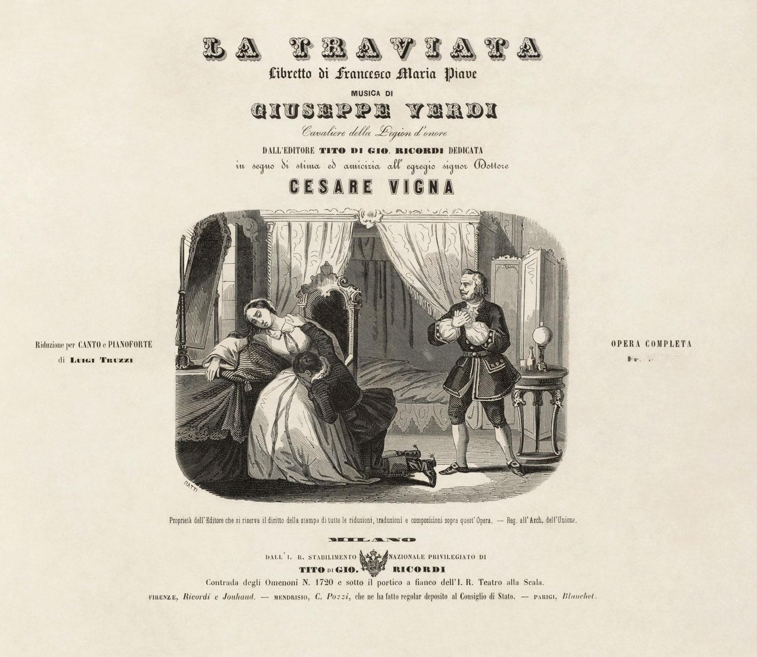 Titelblatt zu Giuseppe Verdi: La traviata, ca. 1855, Illustration: Leopoldo Ratti, Restaurierung: Adam Cuerden, Quelle: Harvard University Library, Public Domain/gemeinfrei.